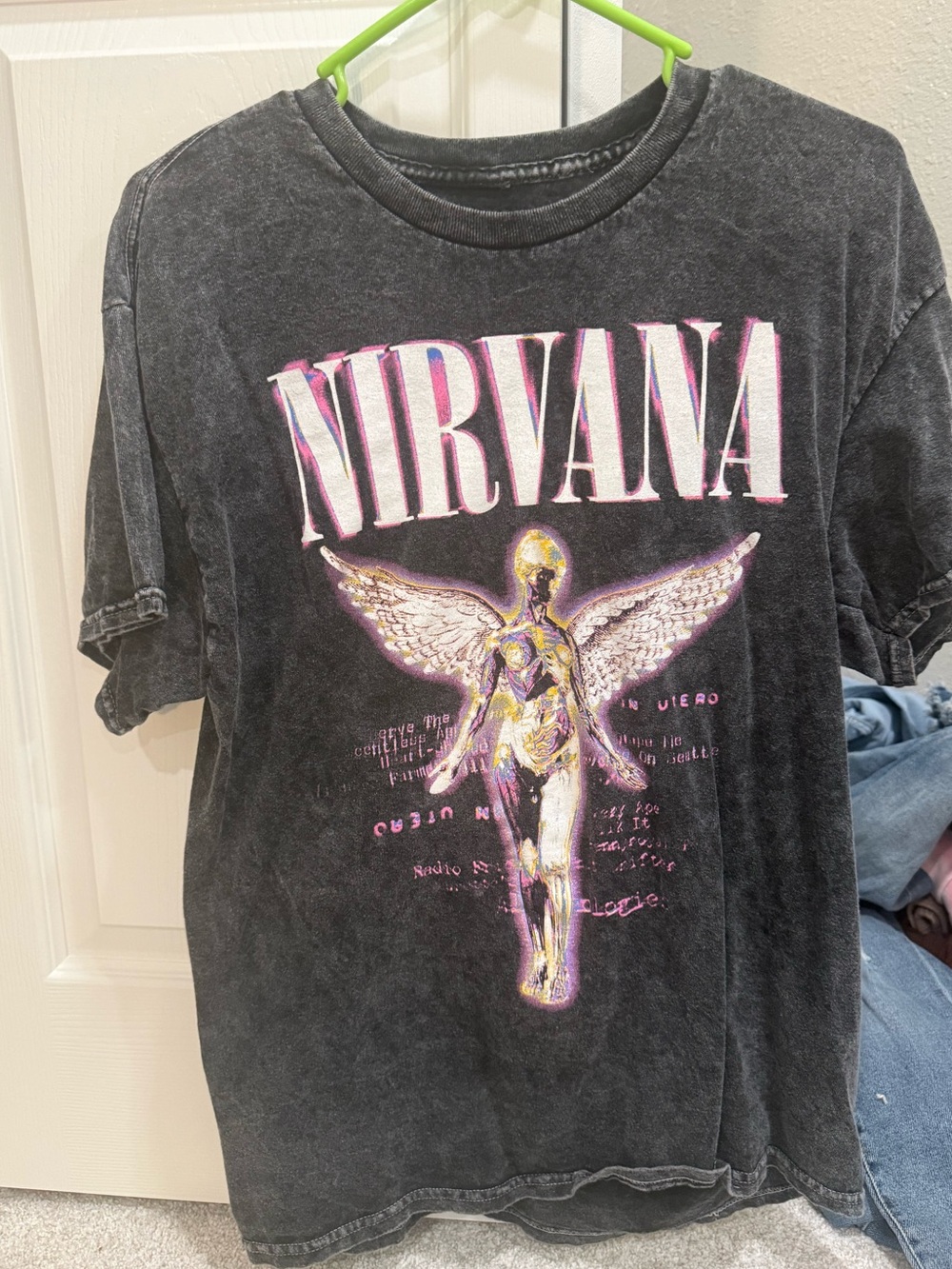 NIRVANA Black Vintage-Wash Angel Graphic Tee with Pink Accents